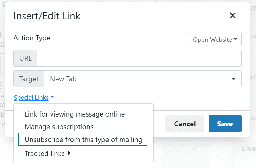 From the Insert/edit link symbol, click Special links and add your unsubscribe link -screenshot