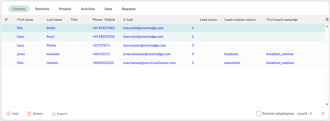 Contact section tab showing lead columns with UTM data -screenshot