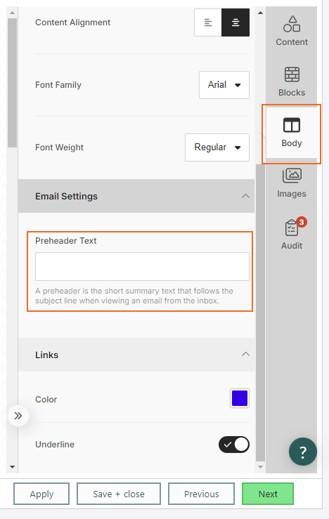 Marketing - Body tab for adding preheader text to show in the subject field in the inbox -screenshot