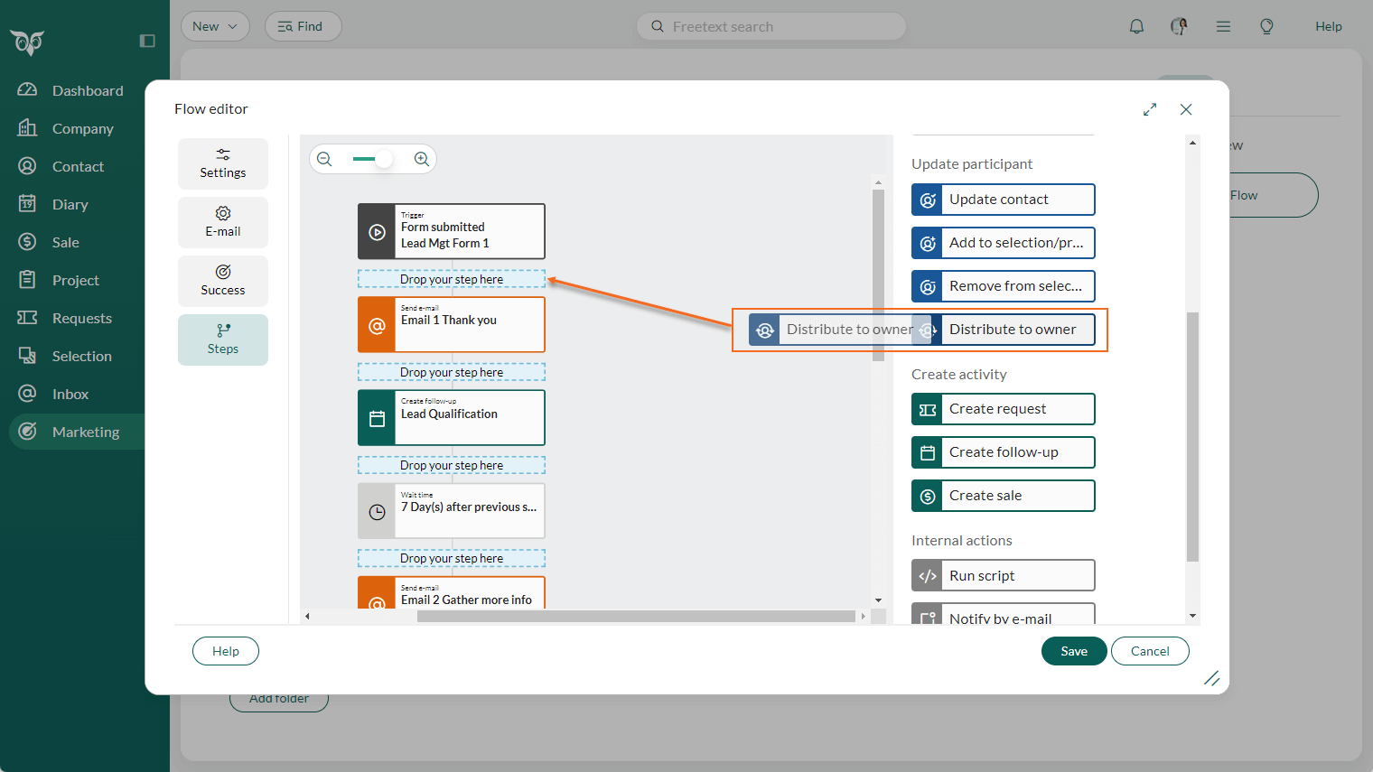 Marketing flow - Drag and drop the step for distribute to owner -screenshot