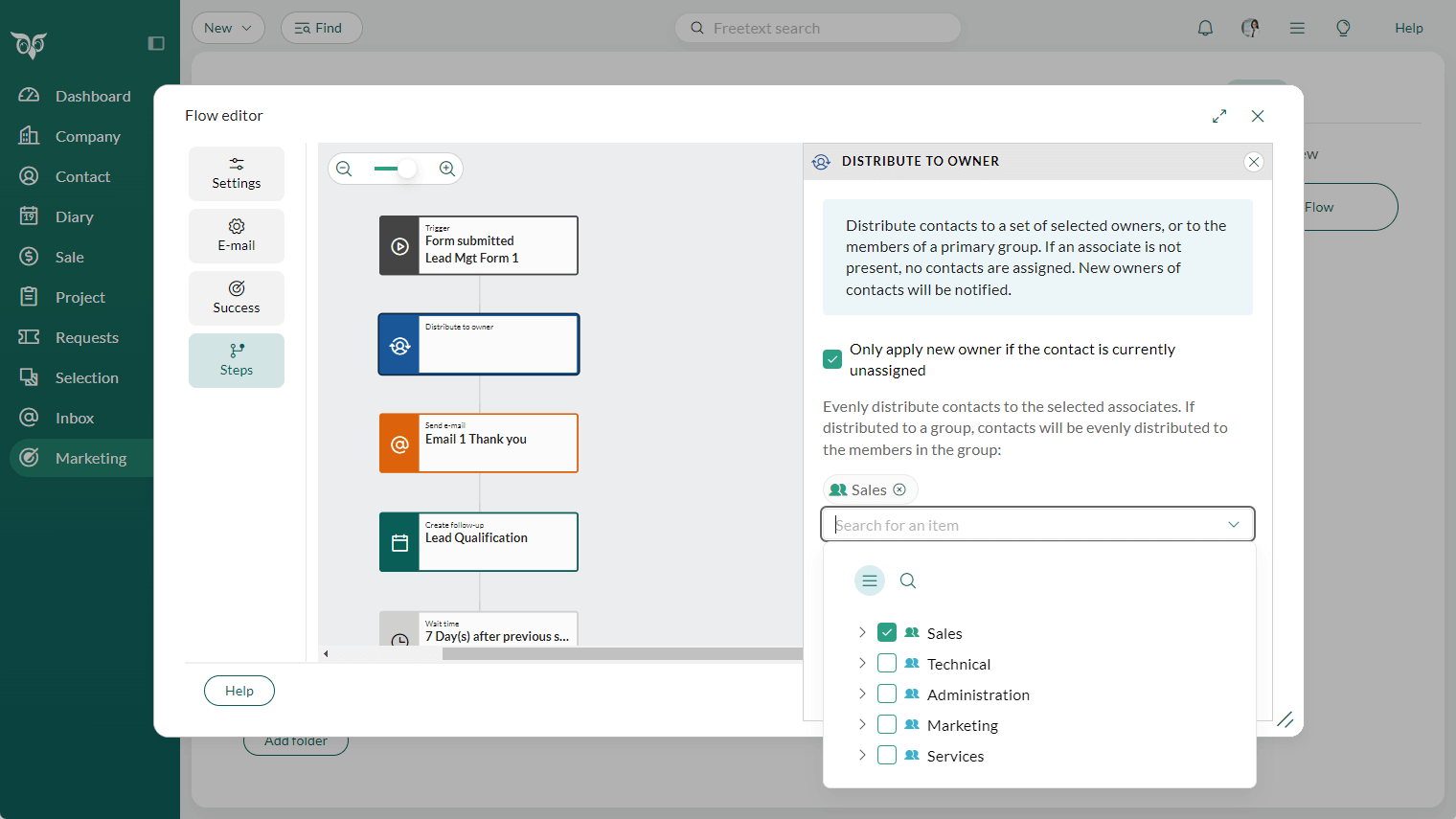 Marketing flow - Settings on the step for distribute to owner -screenshot