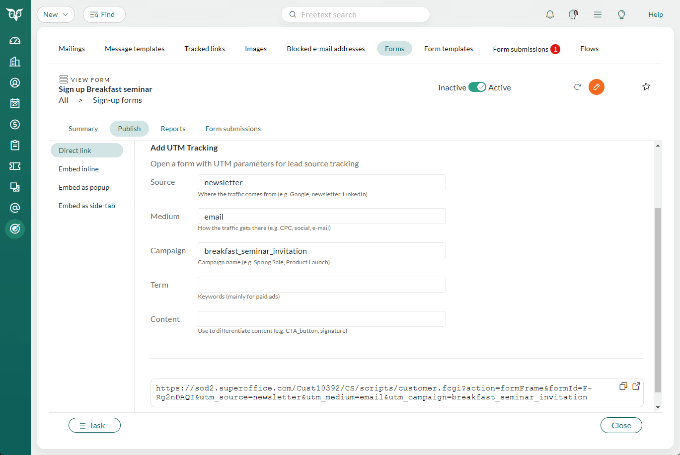 Marketing Forms view screen and Publish where you add UTM sources -screenshot