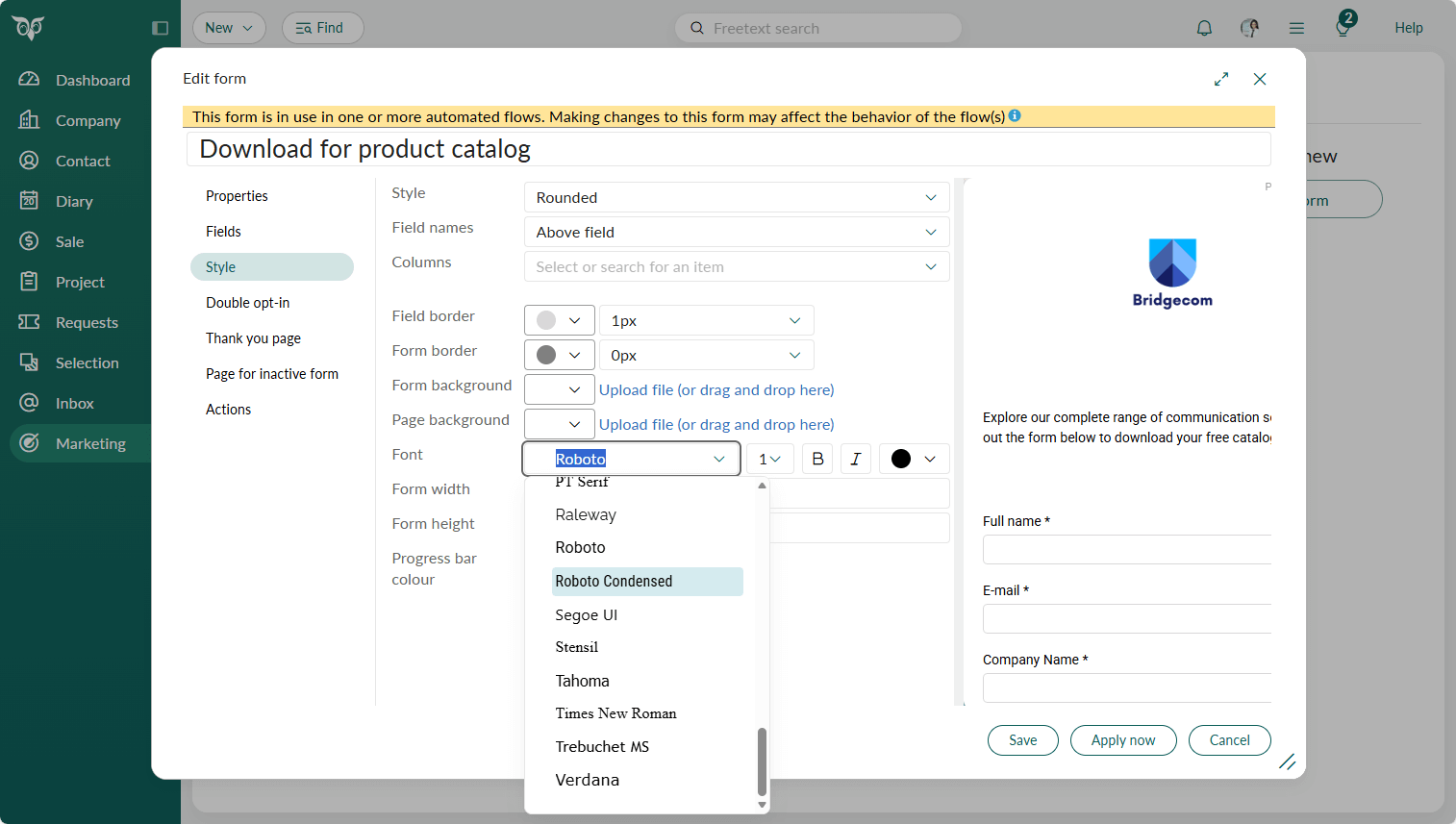 Marketing form - Change the form font in Style -screenshot