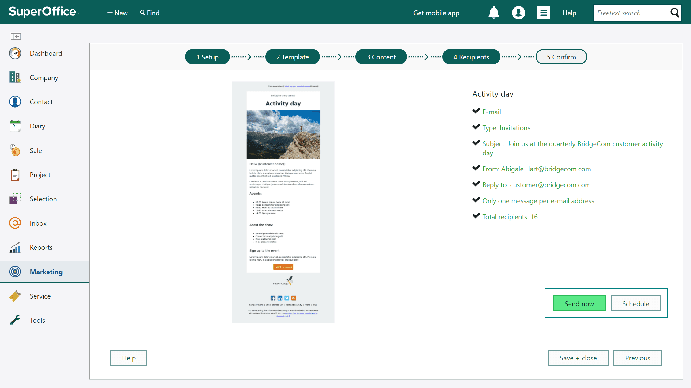 The Confirm screen will give you a summary of the previous steps you have taken and let you either send or schedule your mailing -screenshot