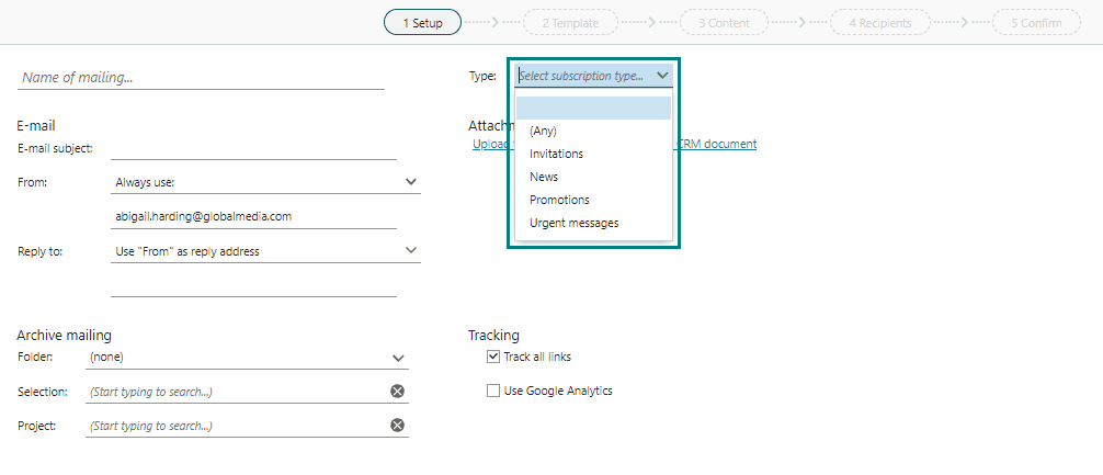 Choose what type of mailing you are sending out in the setup step. -screenshot