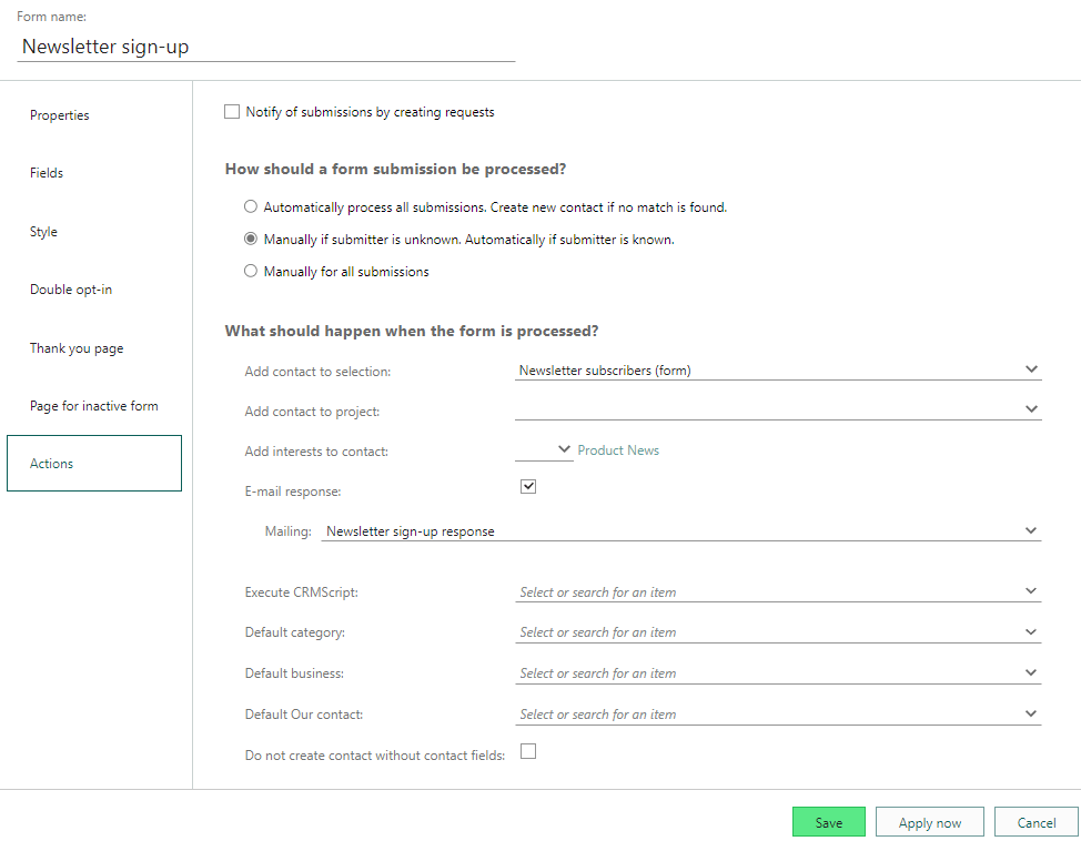 Define your form actions -screenshot