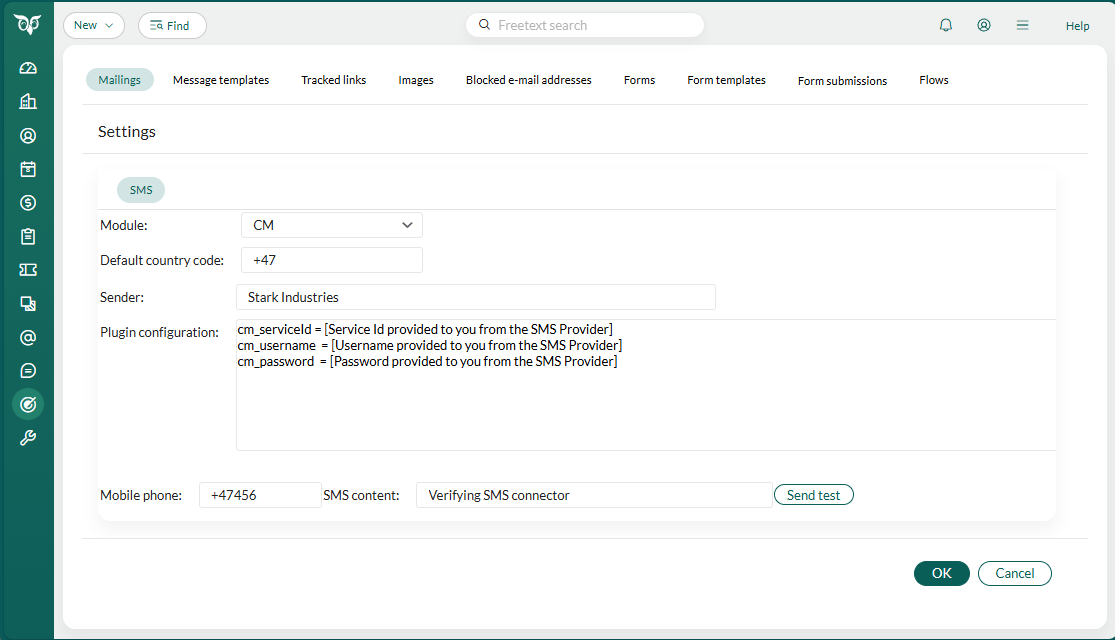 CM SMS plugin configuration -screenshot