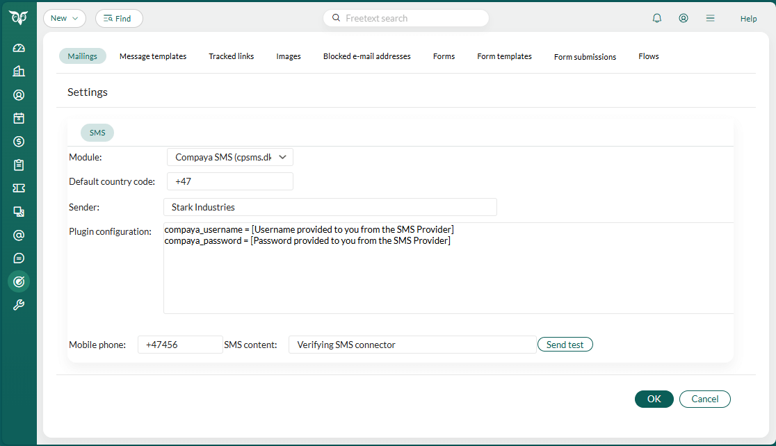 Compaya SMS plugin configuration -screenshot