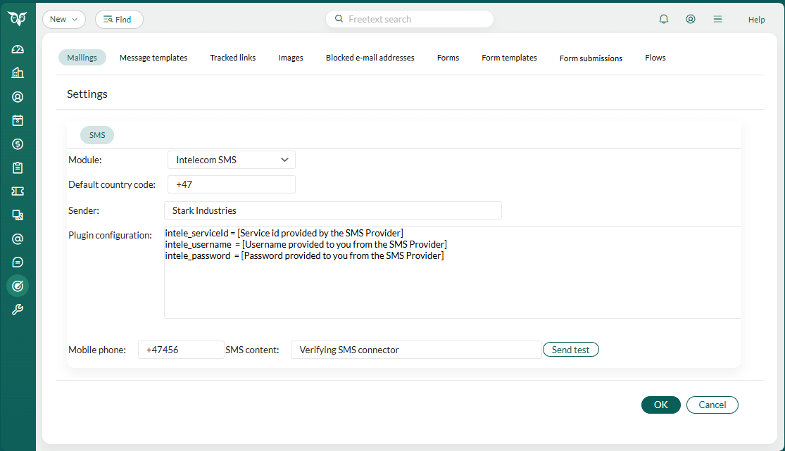 Intelecom SMS plugin configuration -screenshot