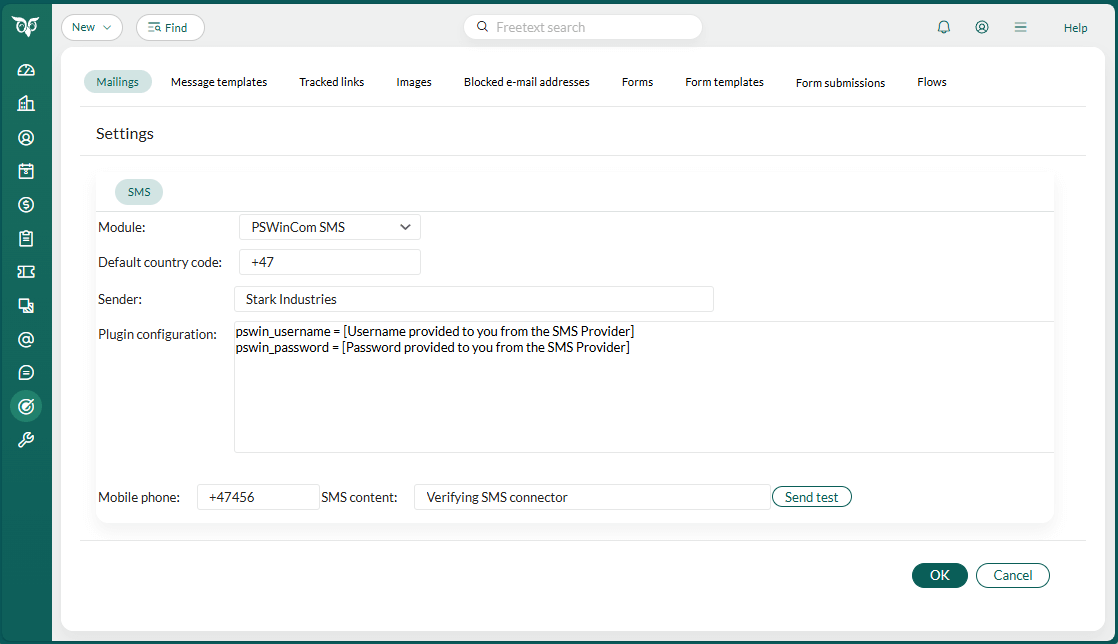 Link Mobility PSWinCom SMS plugin configuration -screenshot