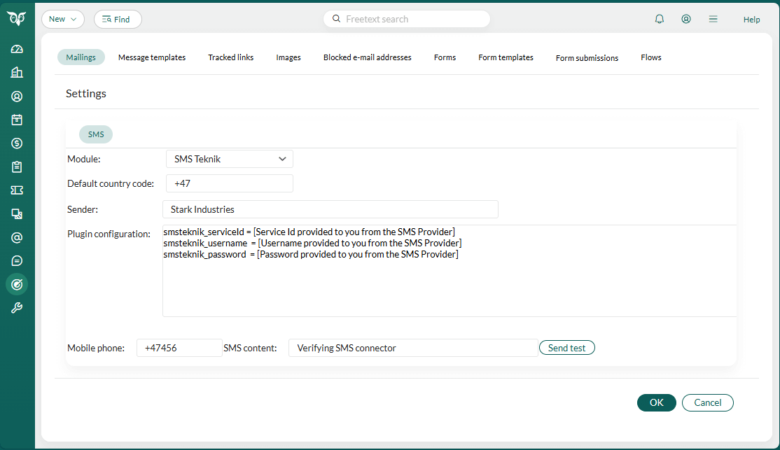 SMSTeknik SMS plugin configuration -screenshot
