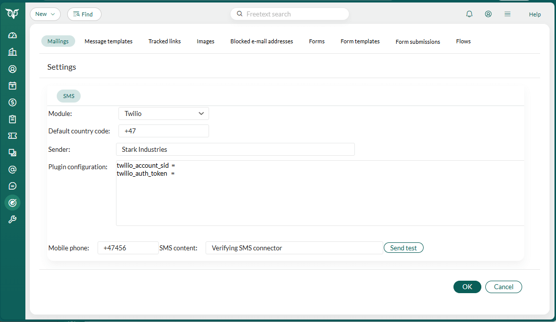 Twilio SMS plugin configuration -screenshot