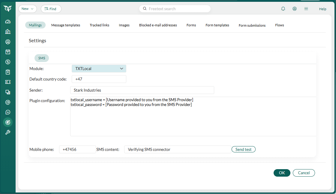 TxtLocal SMS plugin configuration -screenshot
