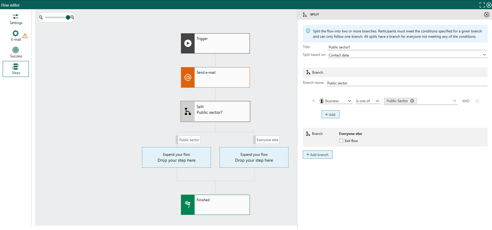 Marketing automation: split flow based on contact data -screenshot