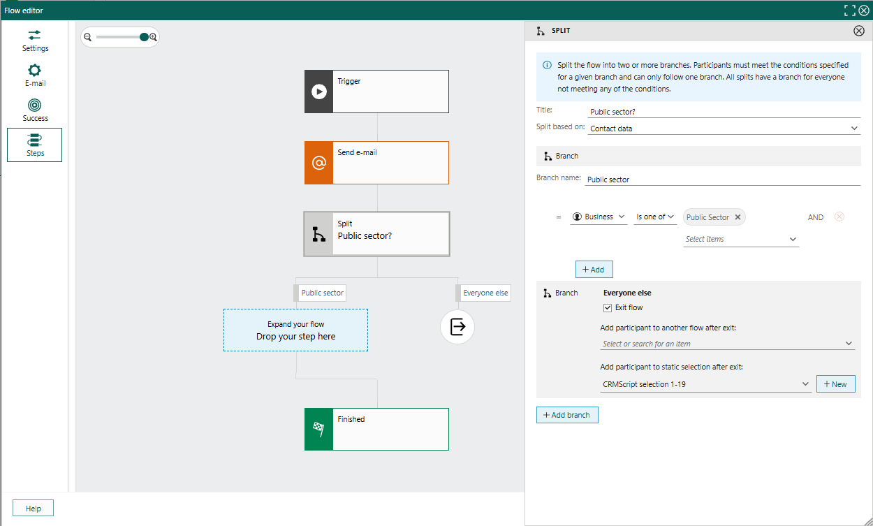 Marketing automation: split flow based on contact data -screenshot