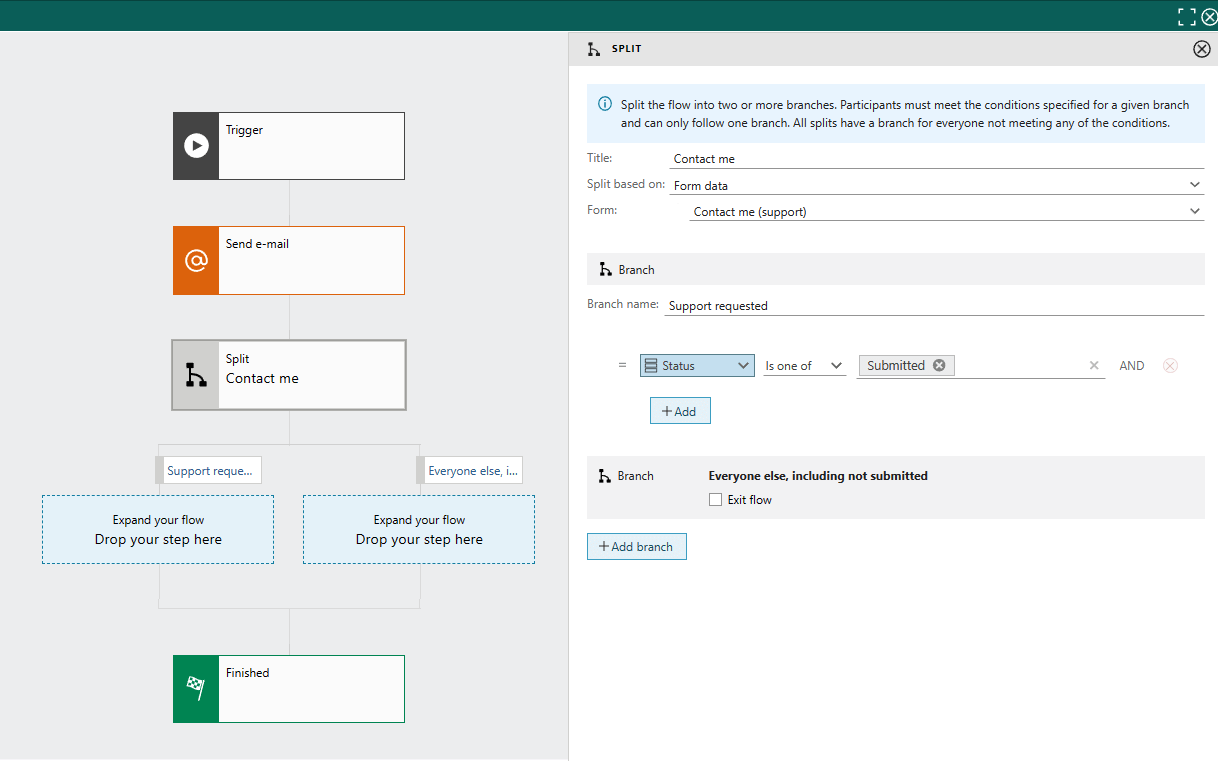 Marketing automation: split flow based on form data (contact me) -screenshot