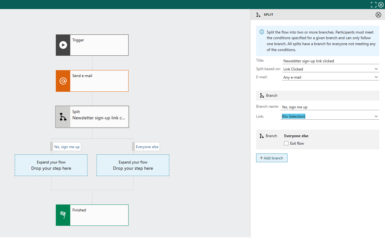 Marketing automation: split flow based on link clicked -screenshot