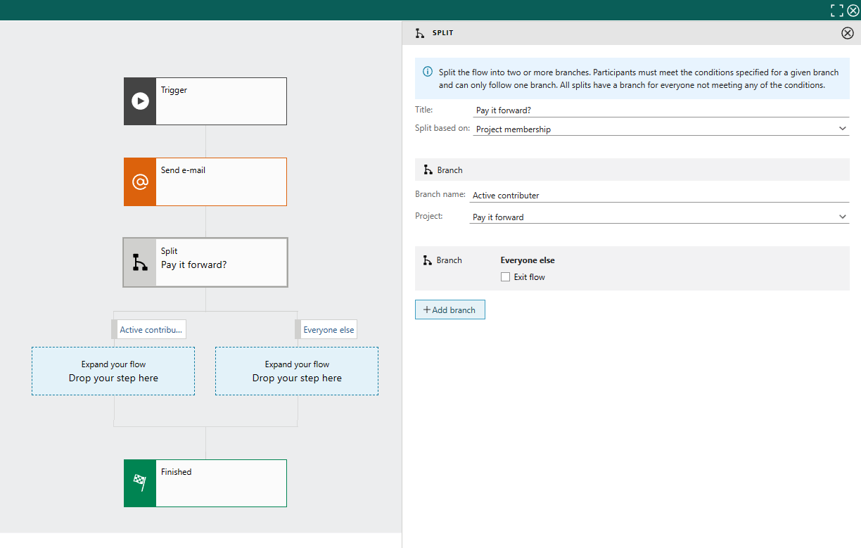 Marketing automation: split flow based on project membership -screenshot