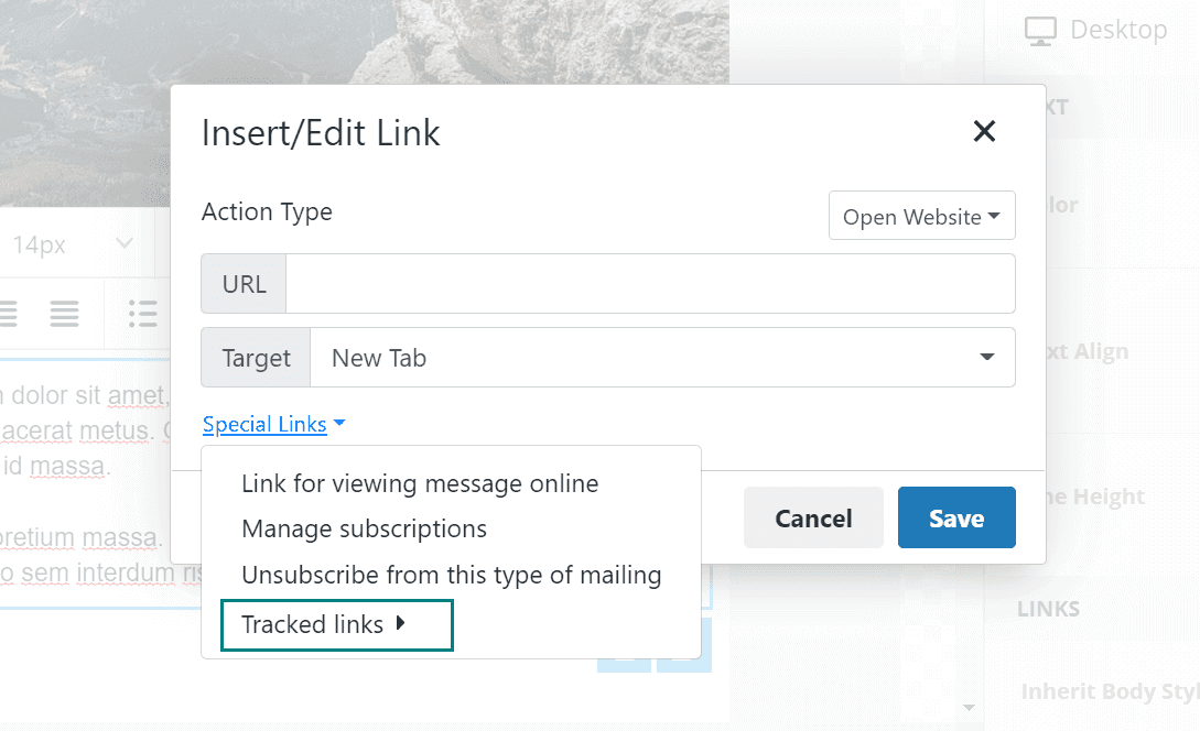 Add a link to your mailing by selecting a part of the text that should be linked and clicking on the insert link icon in the text editor -screenshot