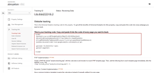 Google Analytics tracking ID -screenshot