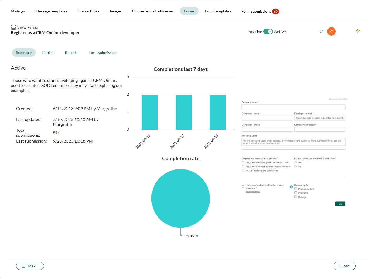 Form submission summary -screenshot