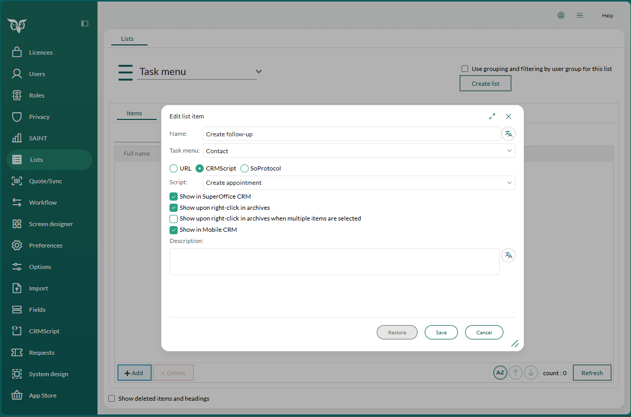 Setup of a custom task that runs a CRMScript -screenshot