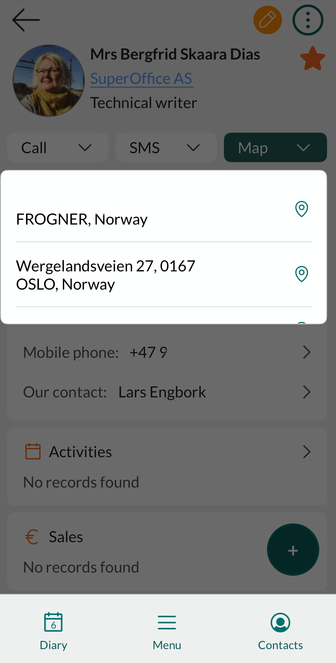 Mobile CRM: select address -app-screen