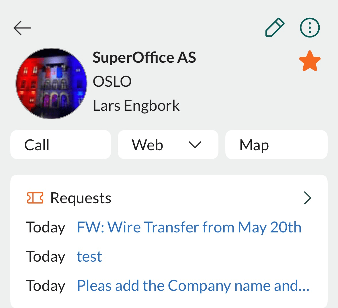 Mobile CRM: requests section on a company card -app-screen