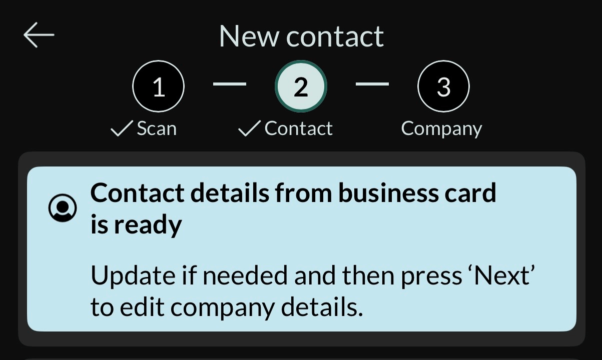 Mobile CRM: Contact details ready -app-screen