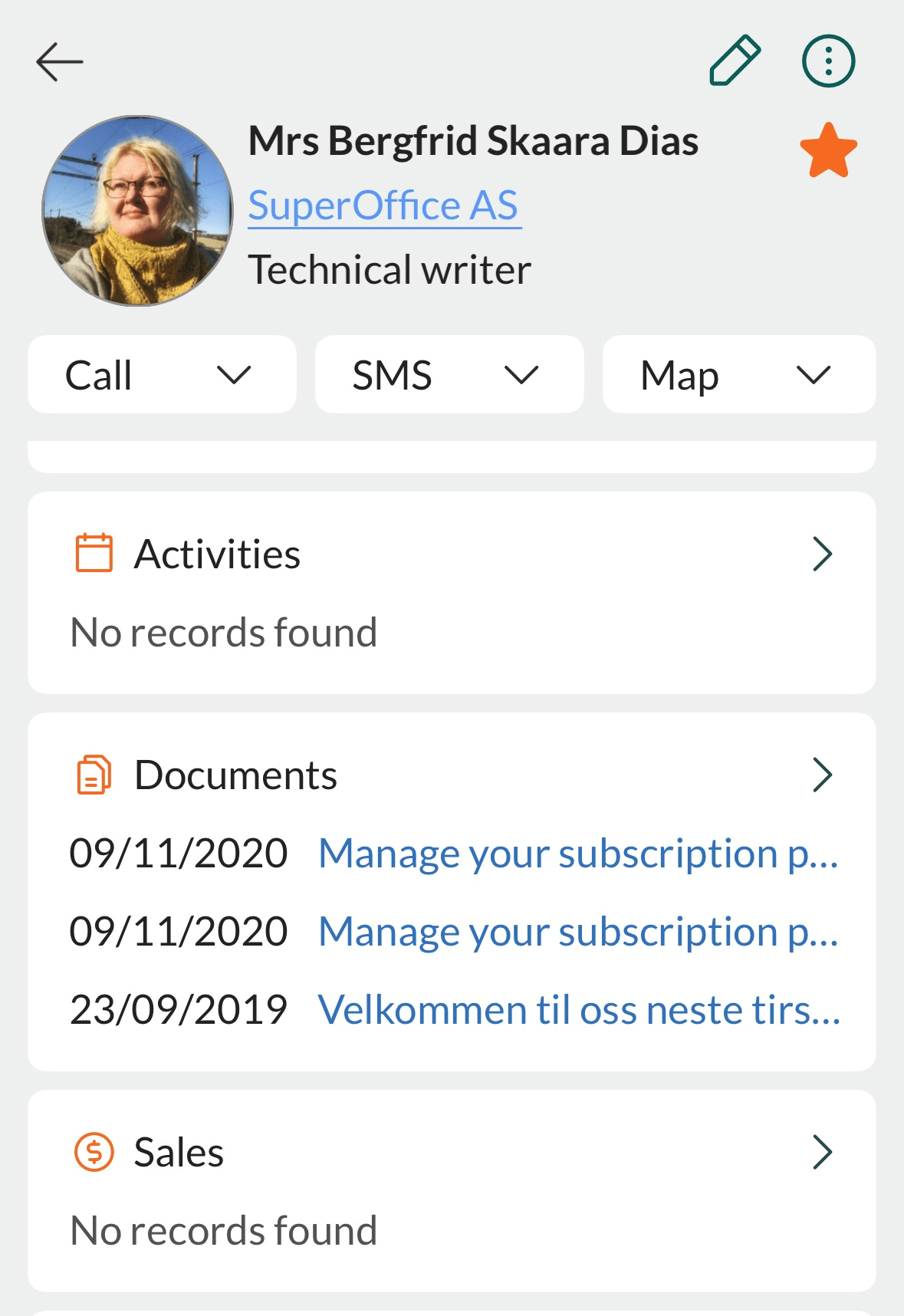 Mobile CRM: document section showing document entries in a contact card -app-screen