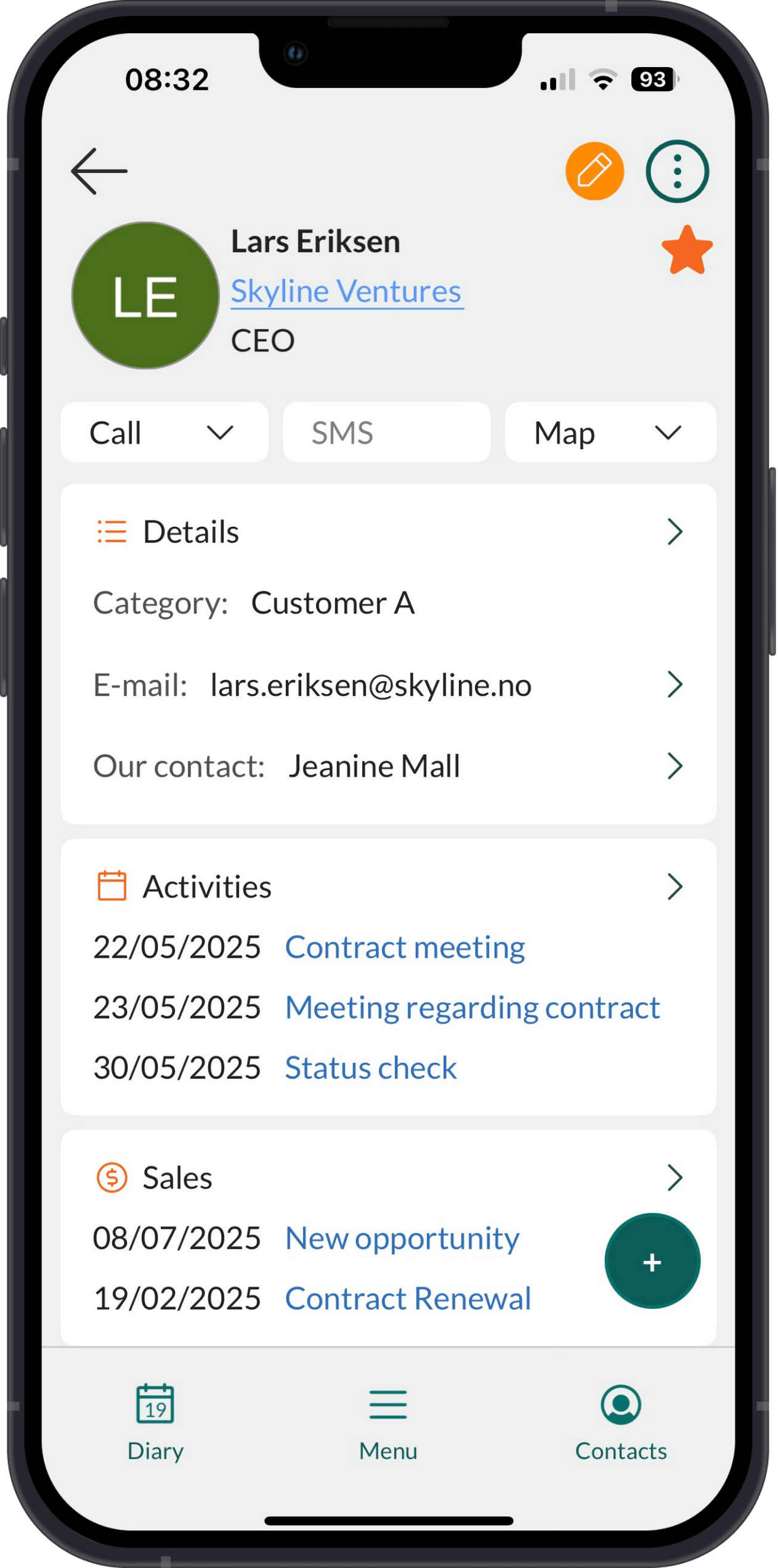 Mobile CRM: Contact screen -app-screen