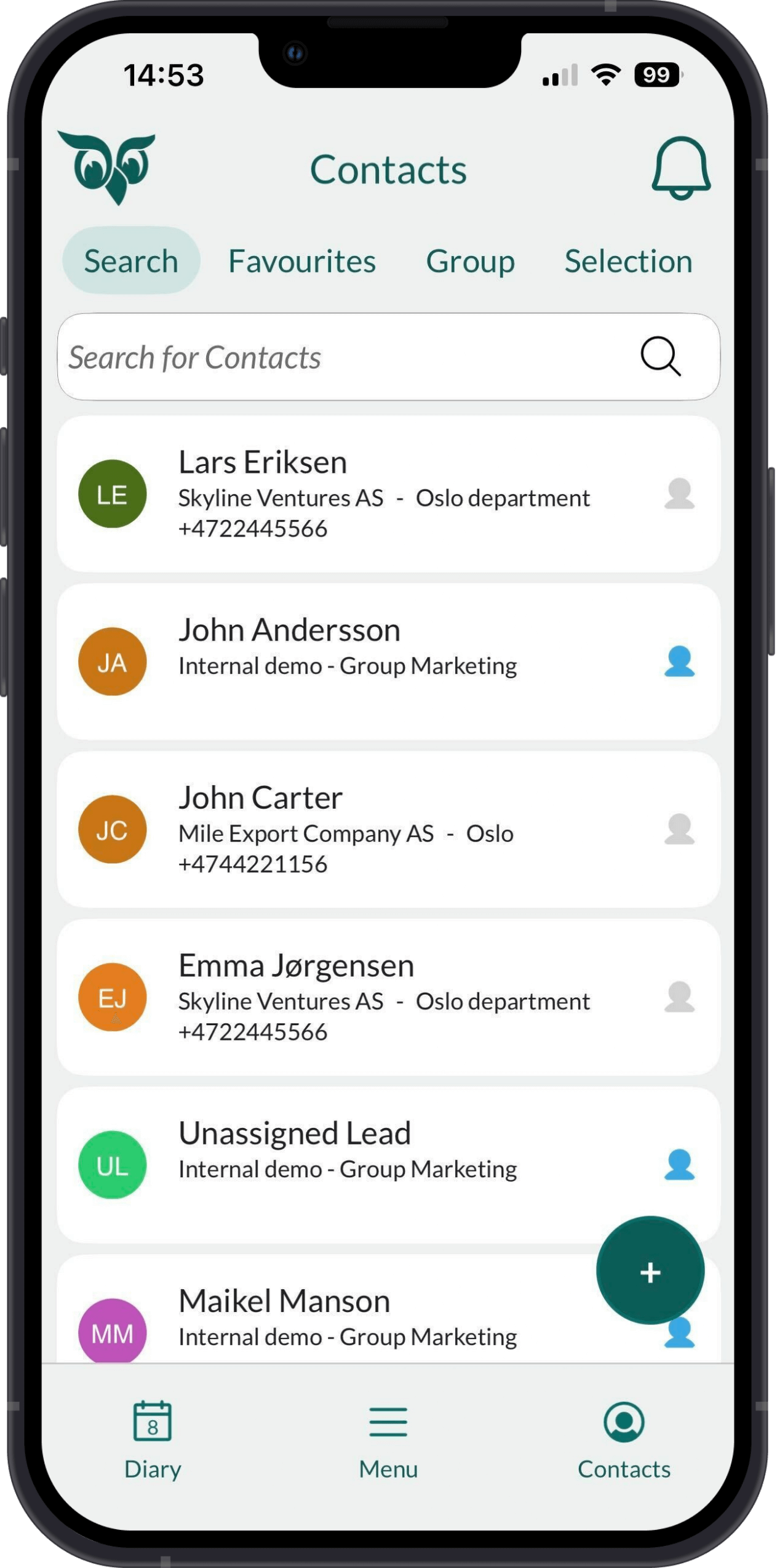 Mobile CRM: Contacts screen -app-screen