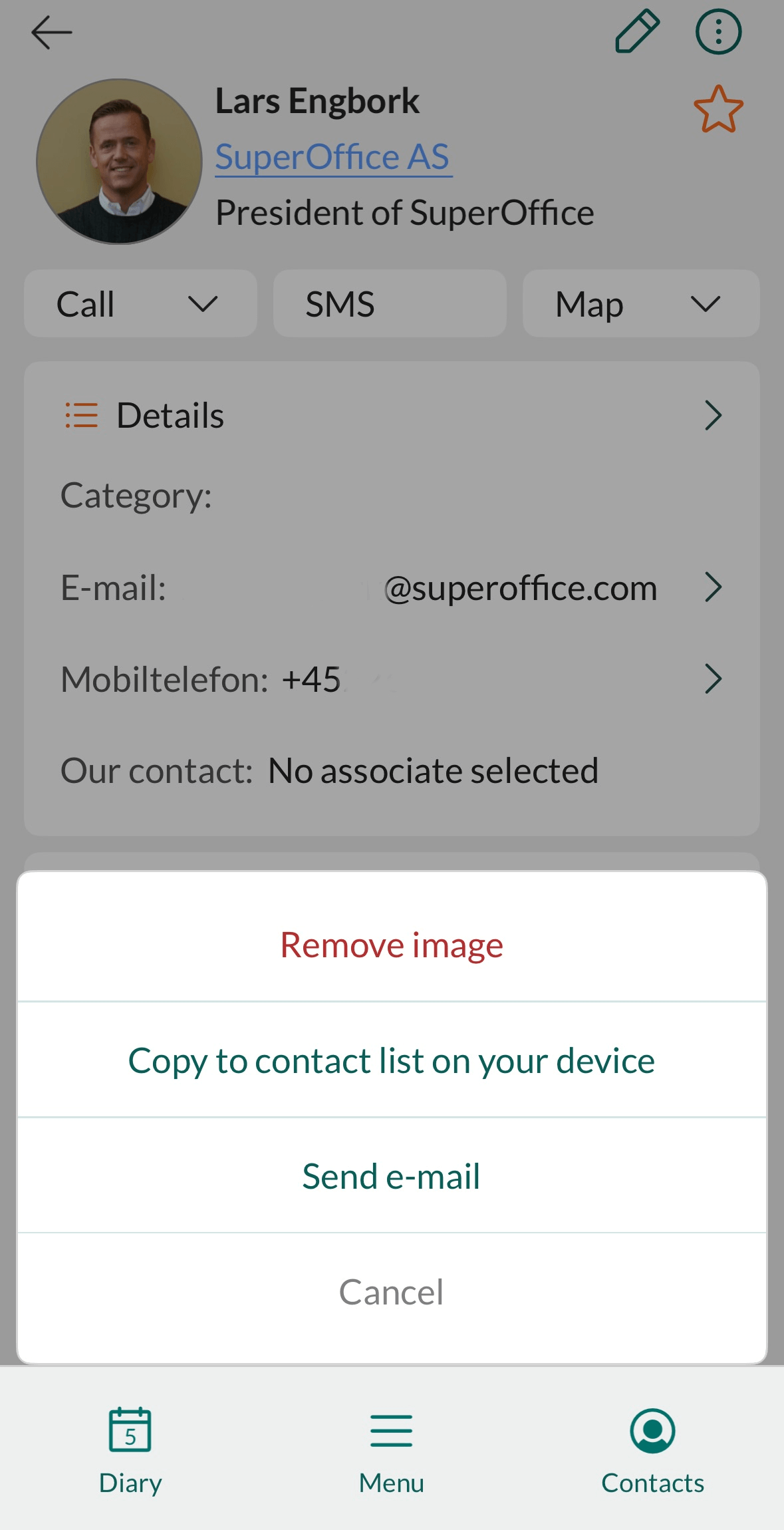 Mobile CRM: Copy to contact list -app-screen