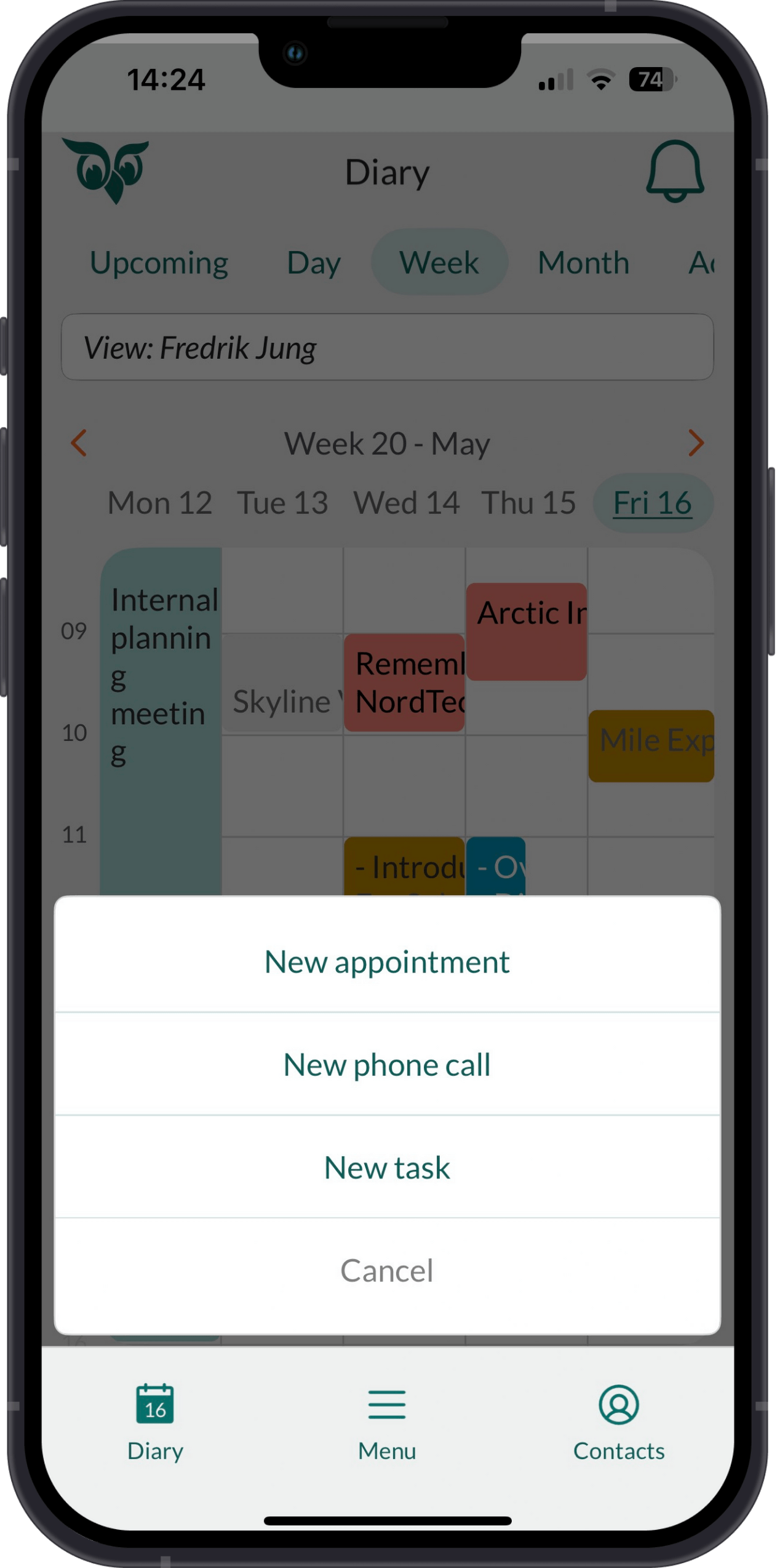 Diary - Options to create new follow-up -app-screen