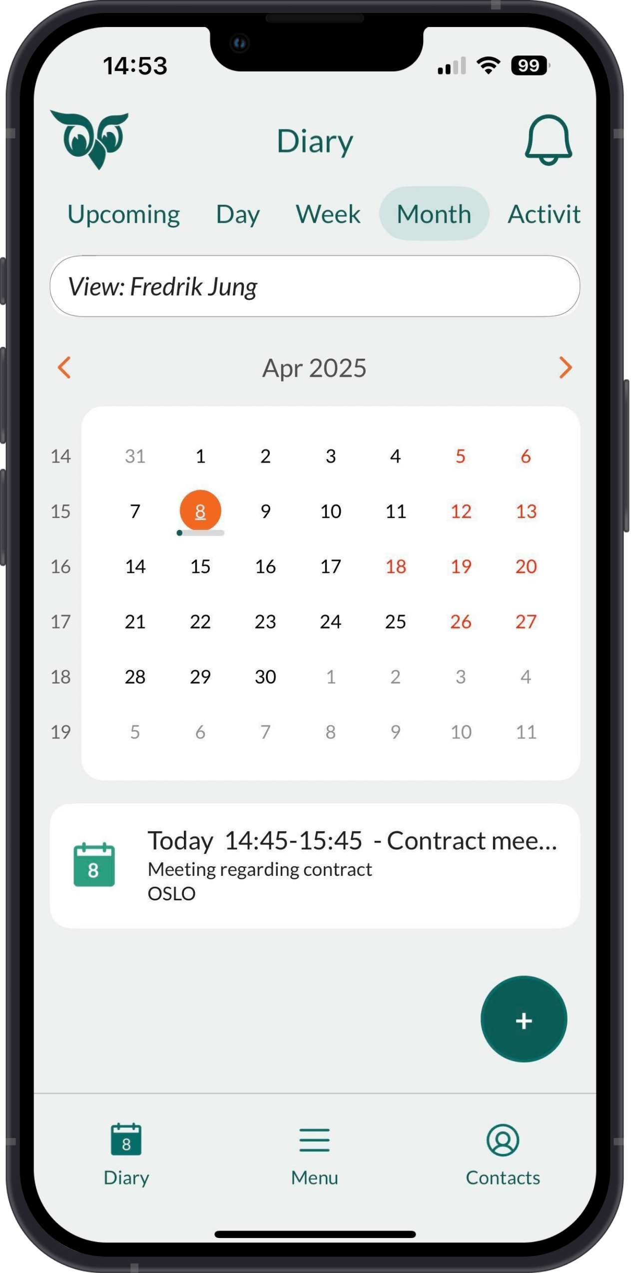 Mobile CRM: Diary month tab -app-screen