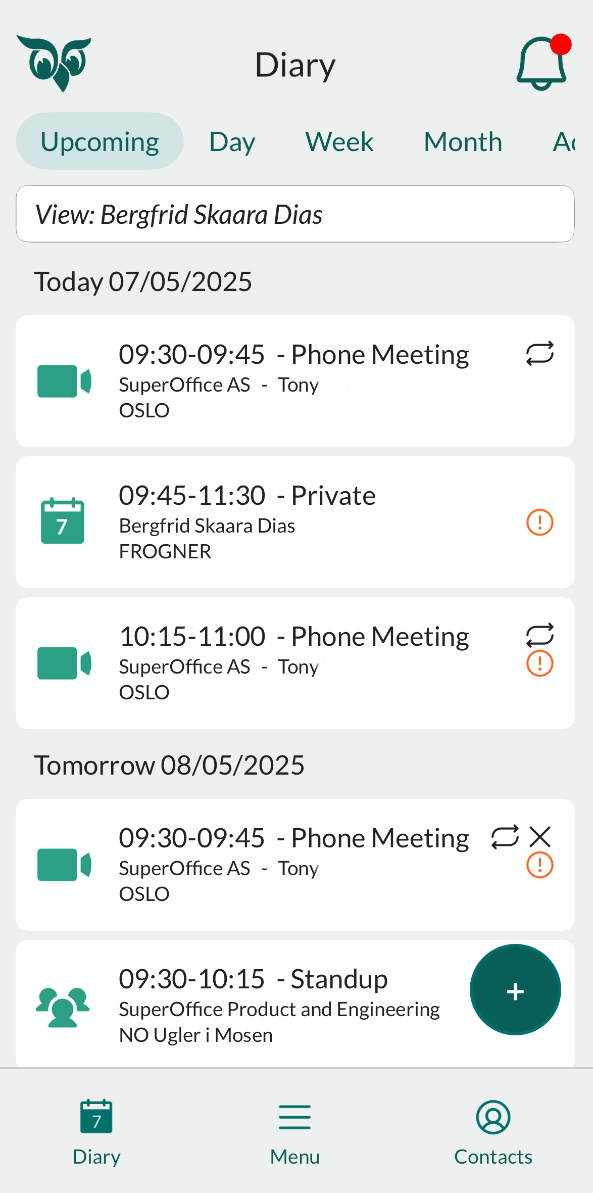 Mobile CRM: Diary upcoming -app-screen