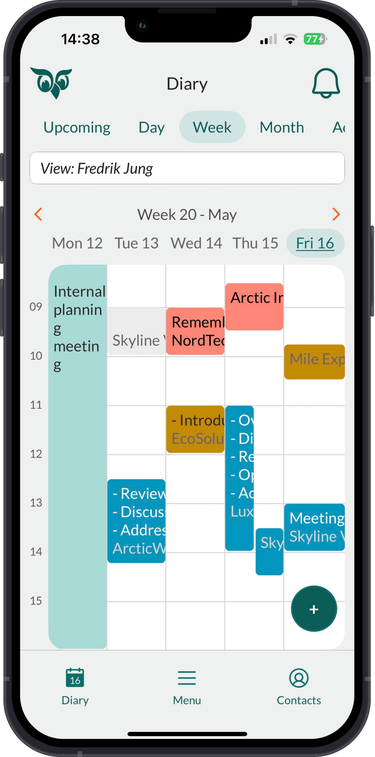 Mobile CRM: Diary week tab -app-screen