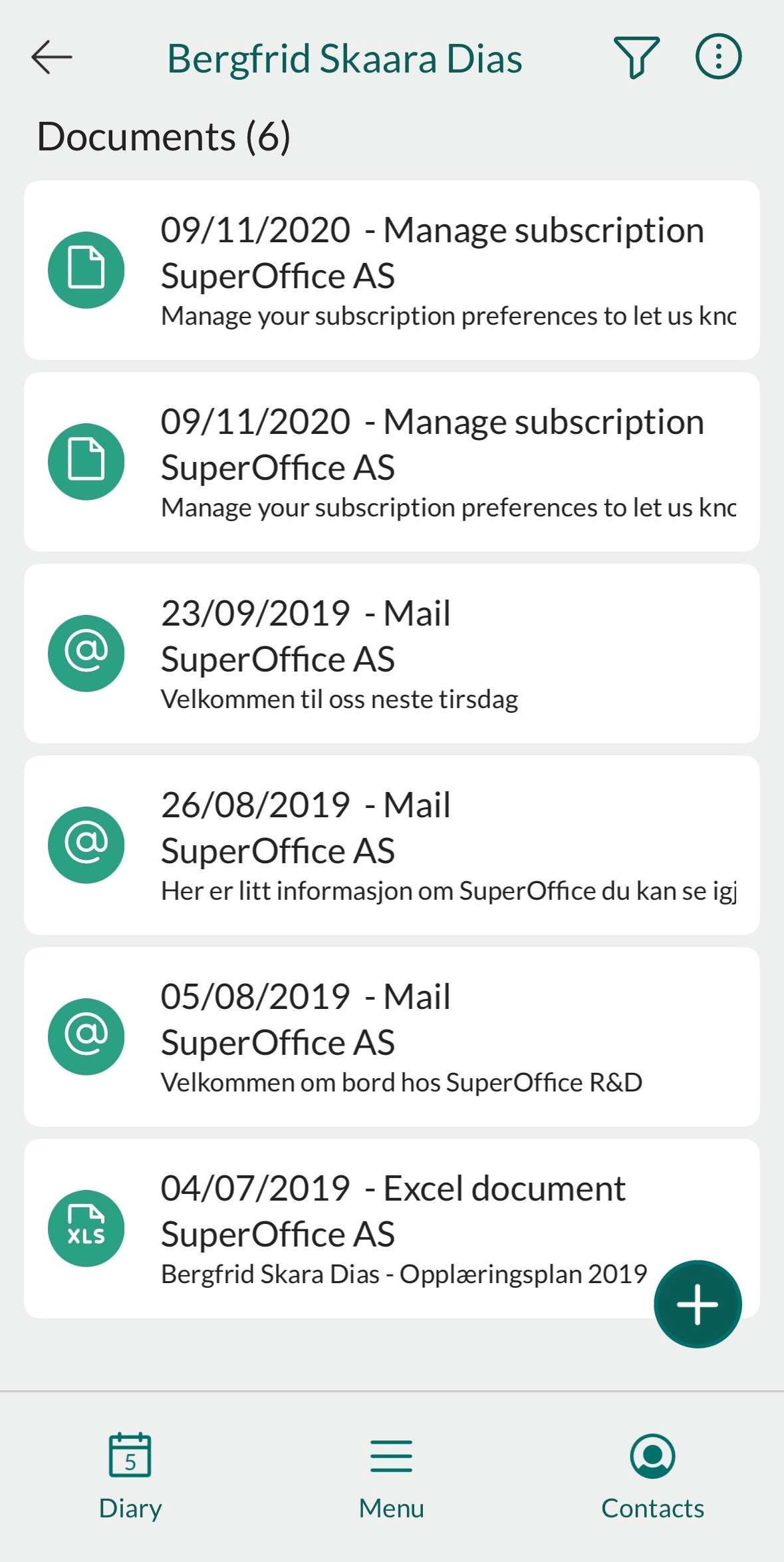 Mobile CRM: list of documents with swipe actions -app-screen