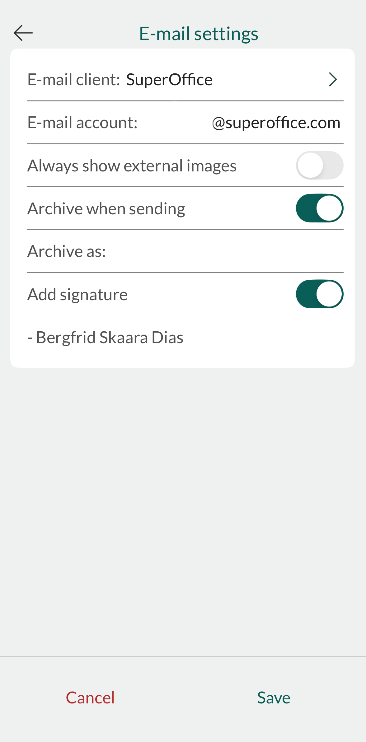 Mobile CRM: email settings -app-screen