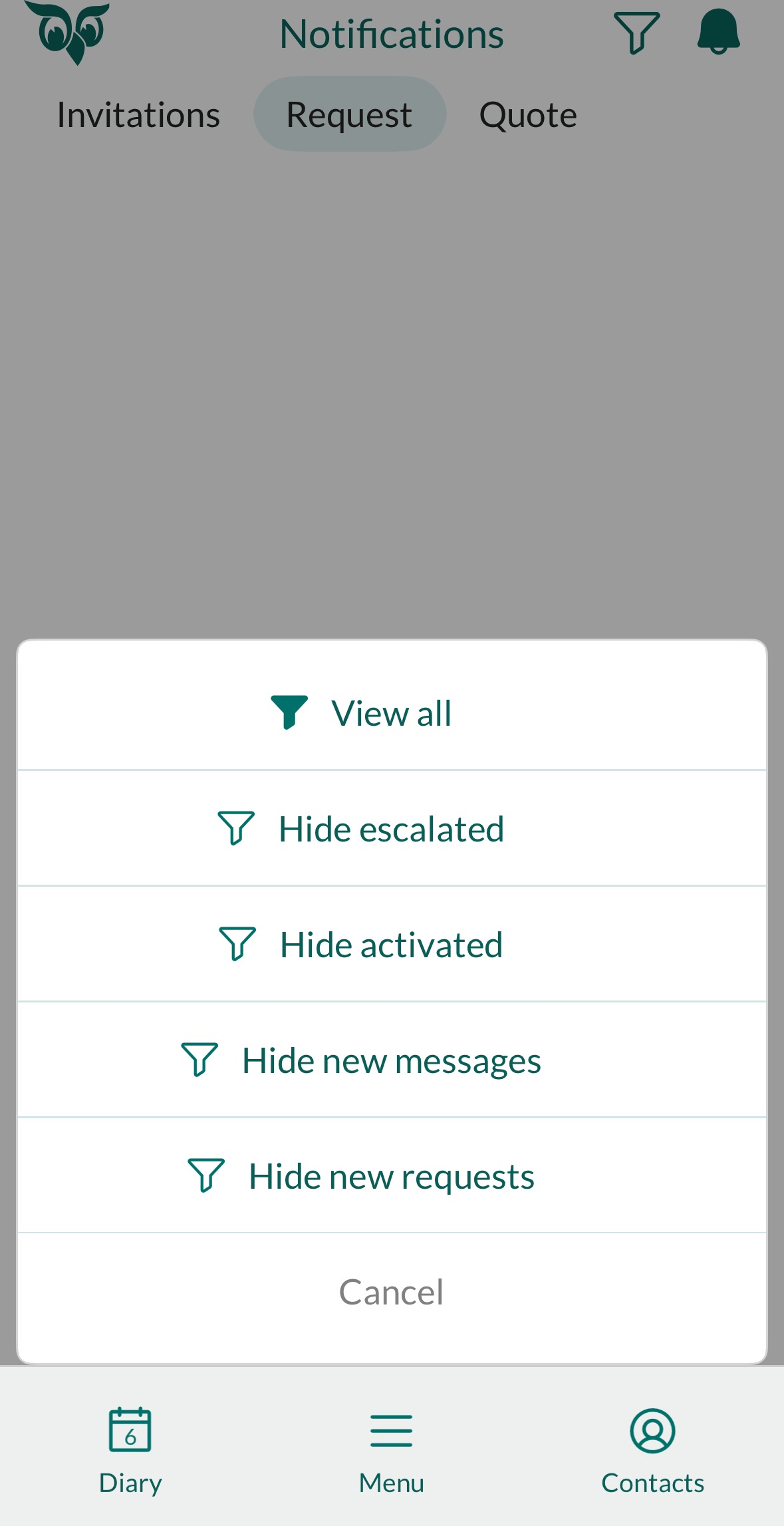 Mobile CRM: Filter notifications for requests in Mobile CRM -app-screen