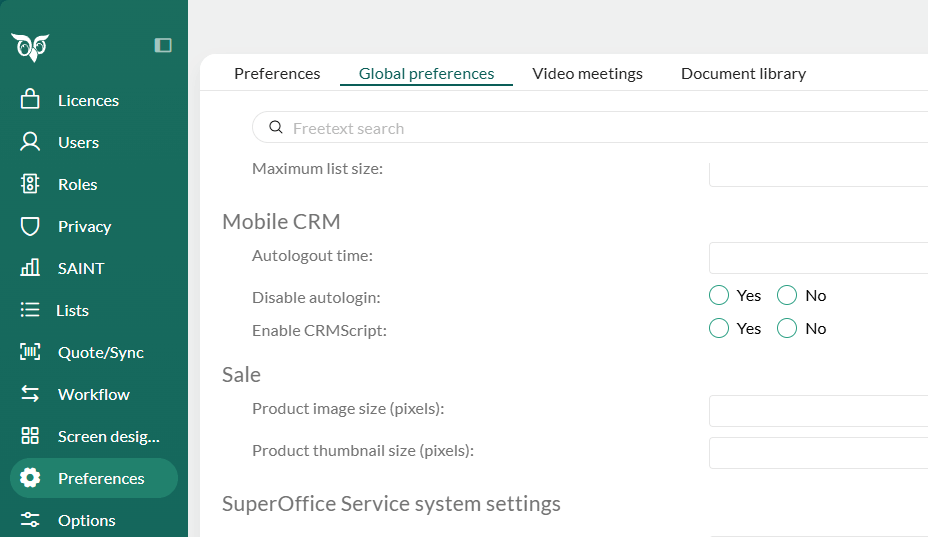 Mobile CRM preferences -screenshot