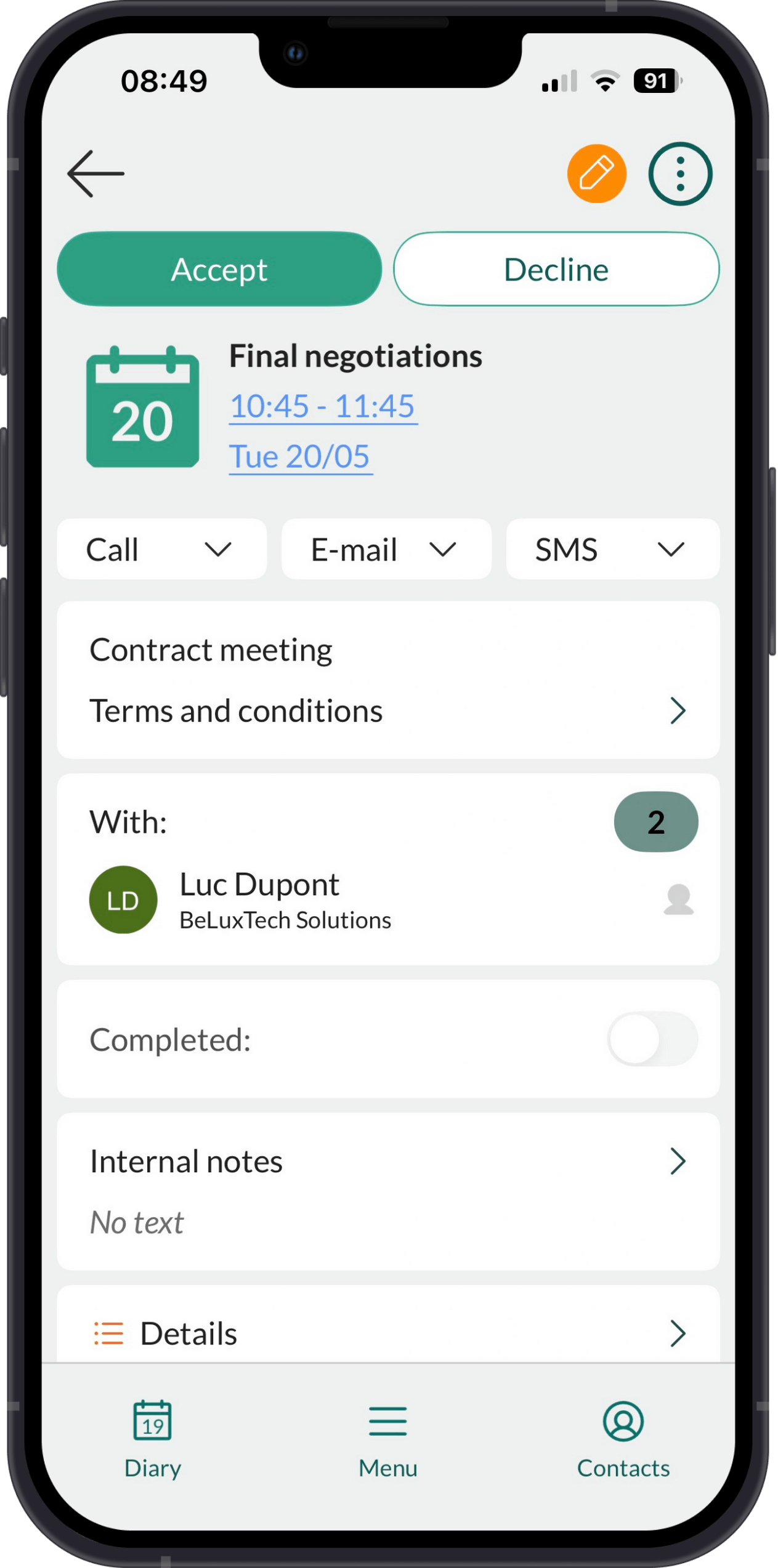 Diary - Accept or decline invitation -app-screen