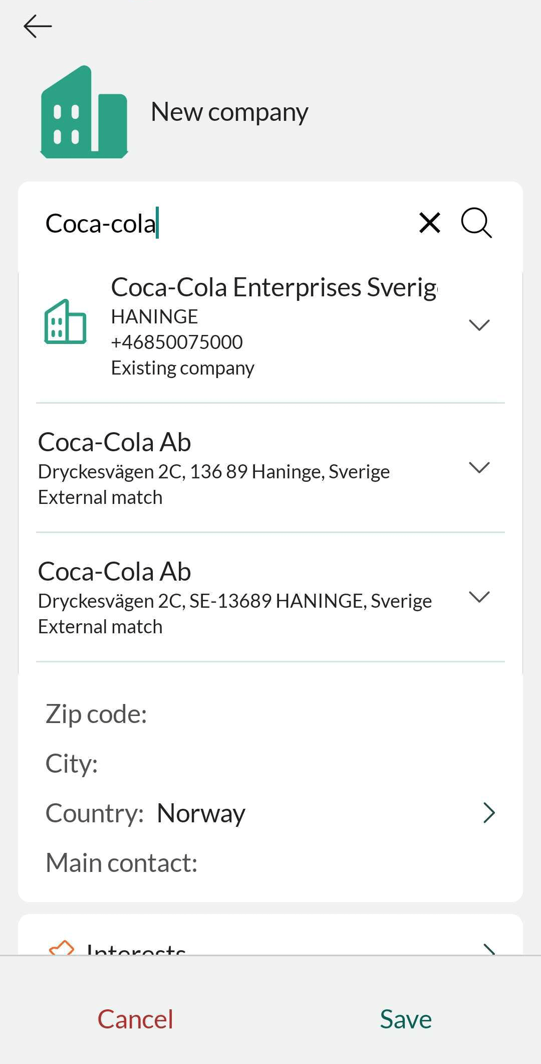 New company suggestions with duplicates and new companies -app-screen