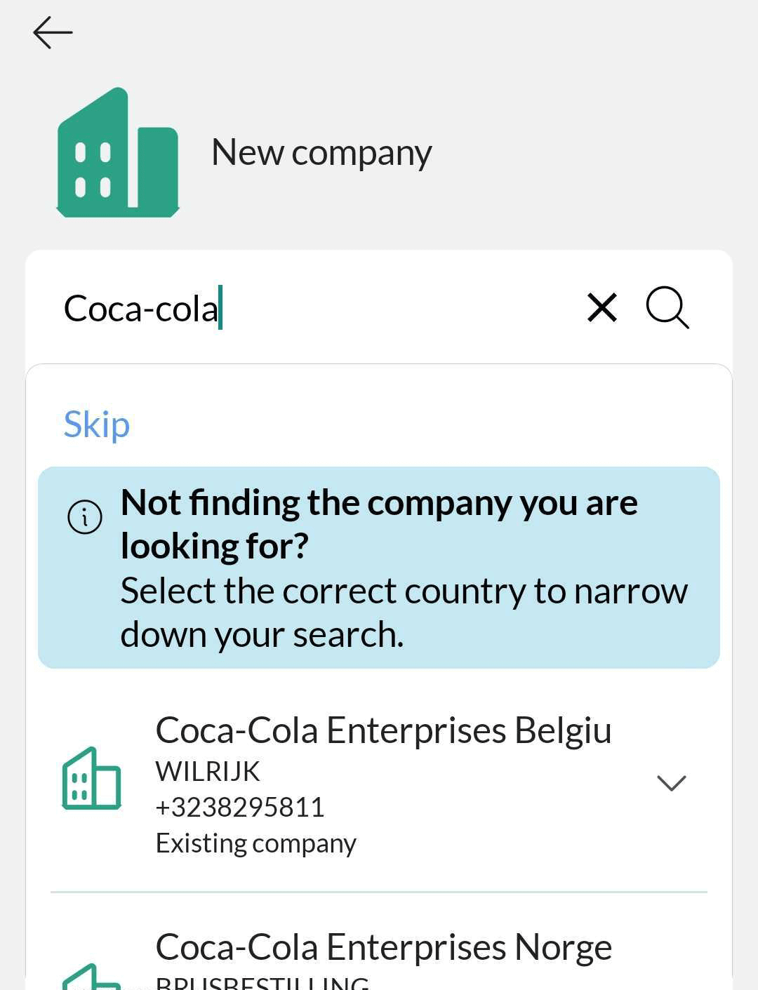 Click Skip to go ahead with the new company by adding it manually -app-screen