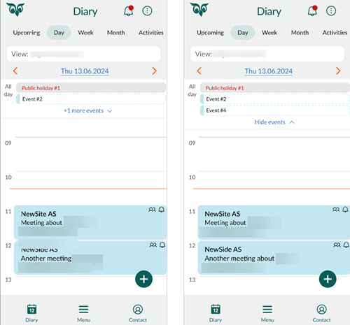 Diary - show more or hide events in the All events section -app-screen