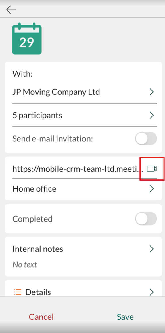 Click on the field Meeting url to create a video meeting -app-screen