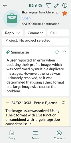 Request shows the summarize section -app-screen