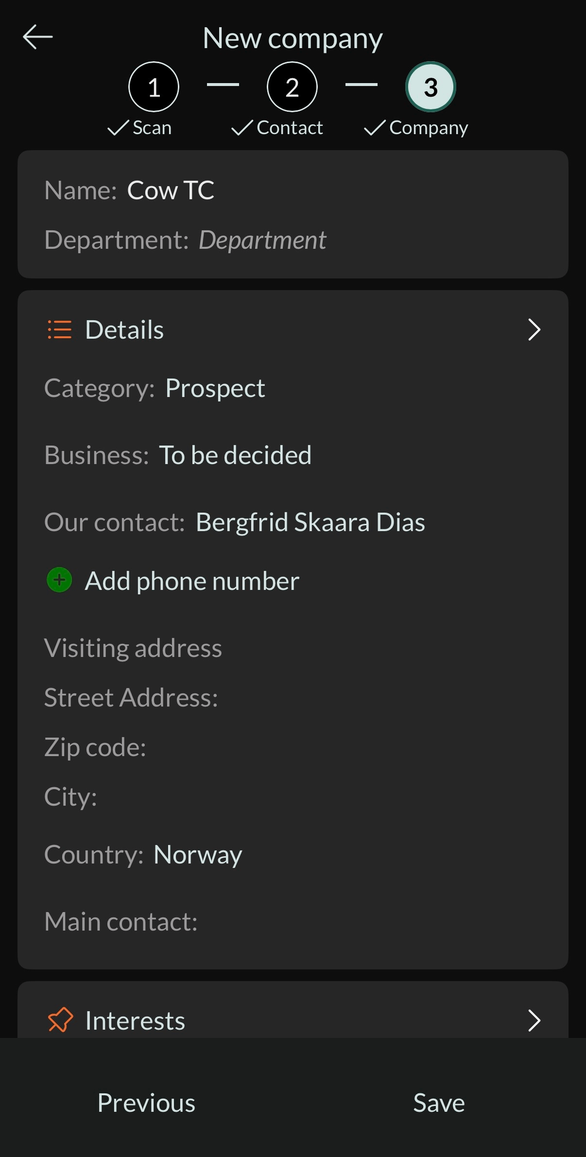 Mobile CRM: New company -app-screen