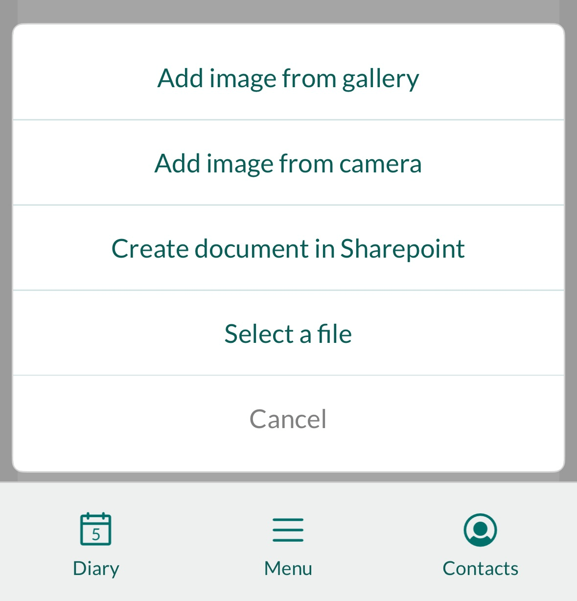 Mobile CRM: Add new document menu -app-screen