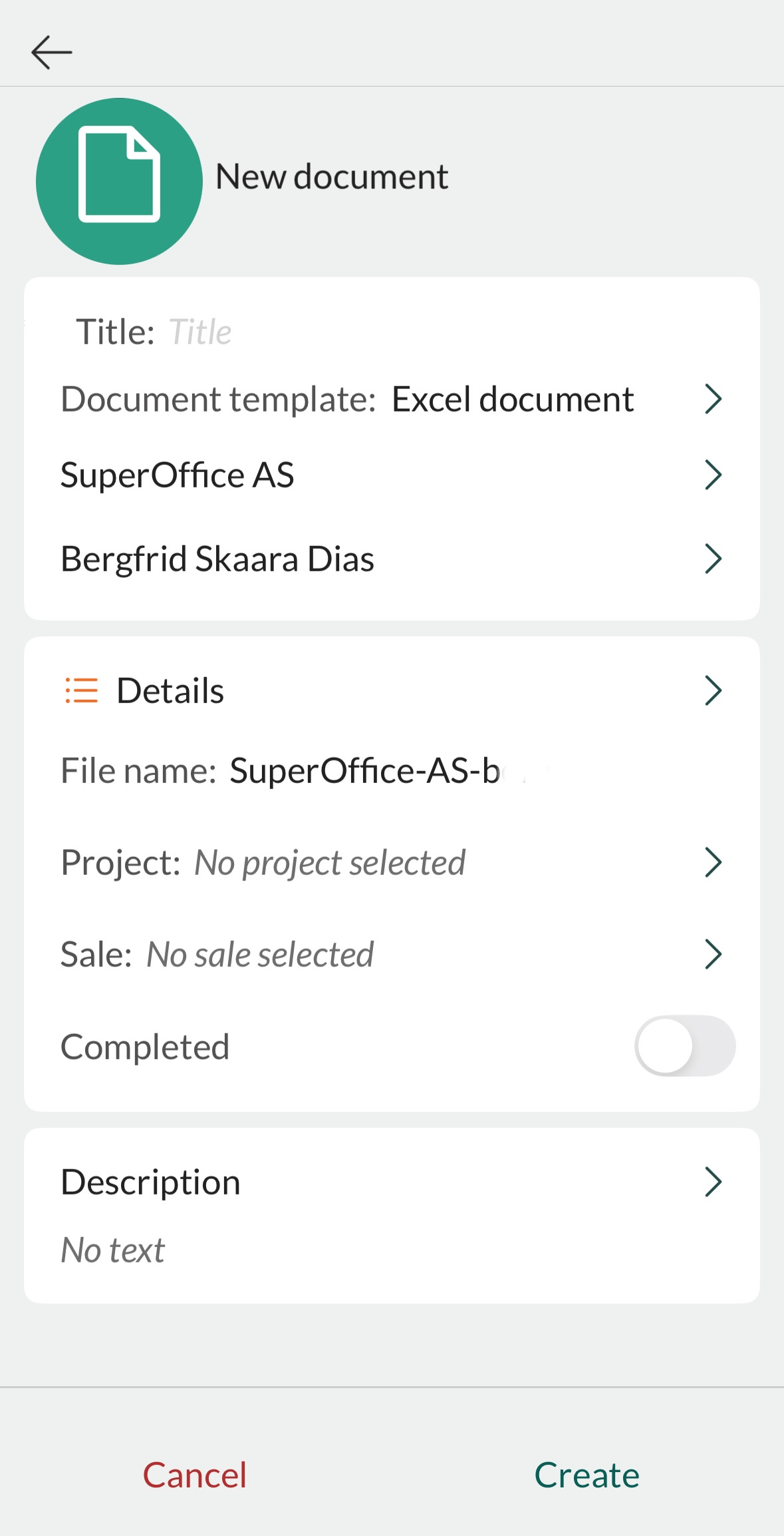 Mobile CRM: Create new SharePoint document screen -app-screen
